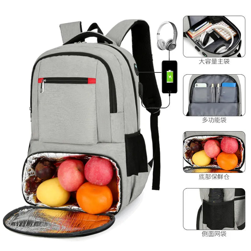 Light grey insulated oxford cloth backpack with curved shoulder straps showing dry-wet separation compartments