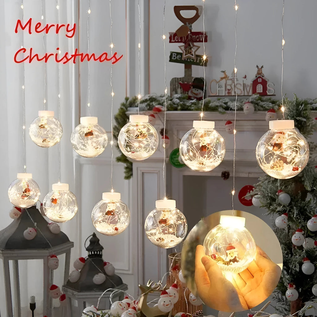 LED Christmas curtain lamp string with 10 fairy light ball decorations showing snowman, Christmas tree, and elder designs