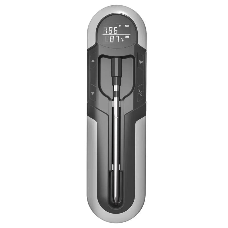 Bluetooth BBQ thermometer in grey, blue or orange, 175x49x20mm, with wireless app control and IP66 waterproof rating.