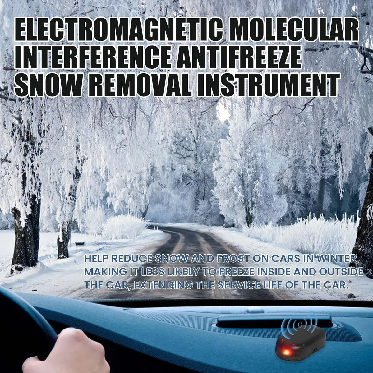 Black car snow removal tool with special glass construction measuring 5cm for deicing and melting snow