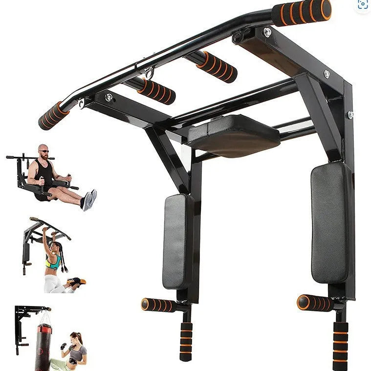 Black wall-mounted sandbag storage rack with integrated parallel bars for pull-up exercises