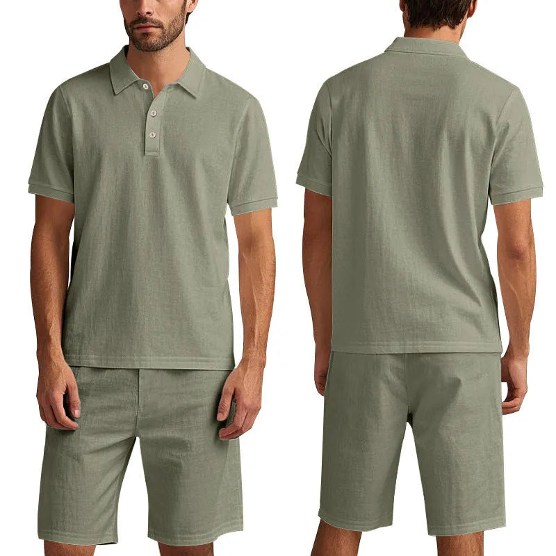 Men's light grey linen blend short sleeve top and shorts summer suit set on a hanger.