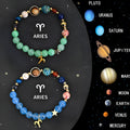 Two natural stone beaded bracelets with adjustable cords, each showing a different zodiac sign design.
