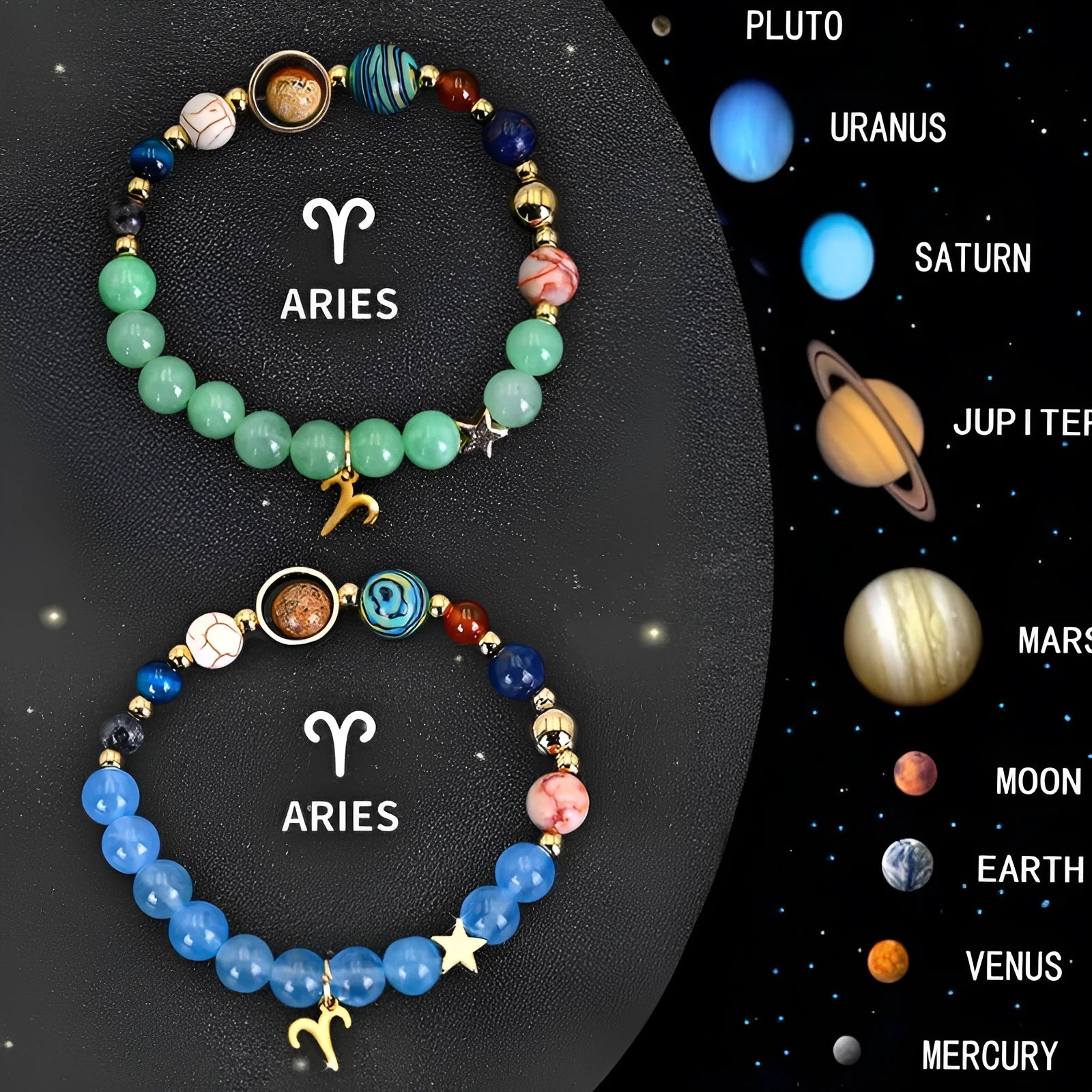 Two natural stone beaded bracelets with adjustable cords, each showing a different zodiac sign design.