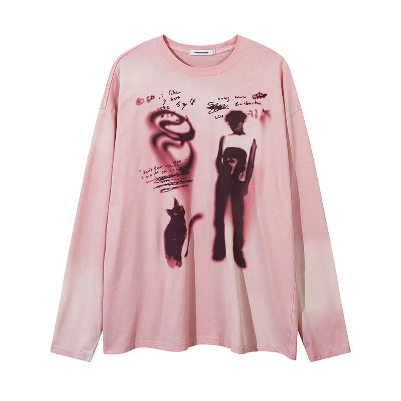 Women's loose dark grey cotton pullover top with drop-shoulder sleeves and letter print