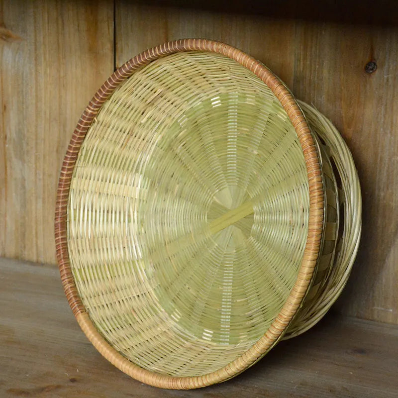 Handmade bamboo storage basket in three sizes: 24x12cm, 25x9cm, and 26x8cm