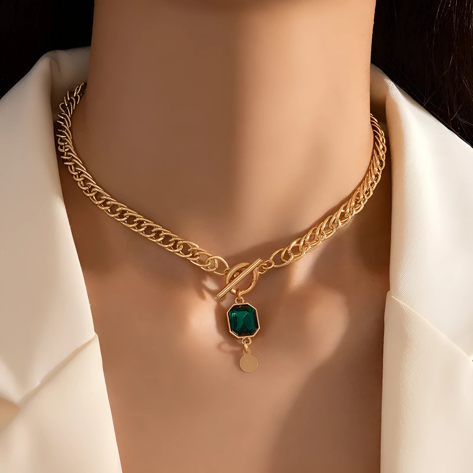 Gold geometric emerald zircon pendant necklace on Cuban link chain