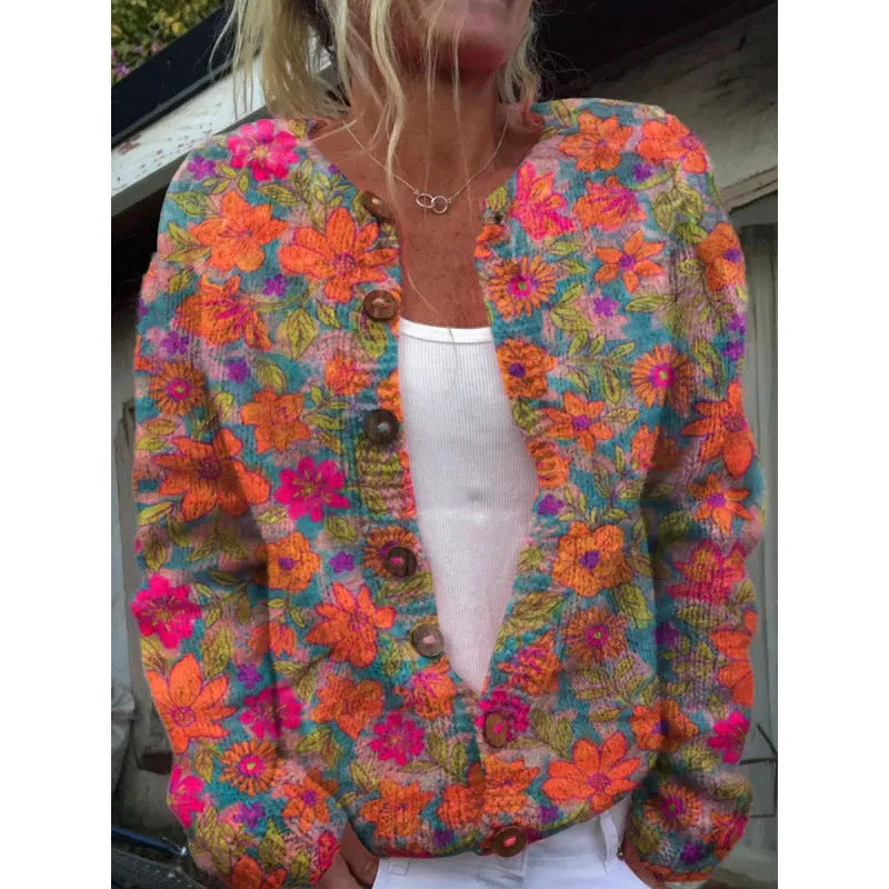 Yellow cardigan coat with a raised 3D digital print pattern on the front.