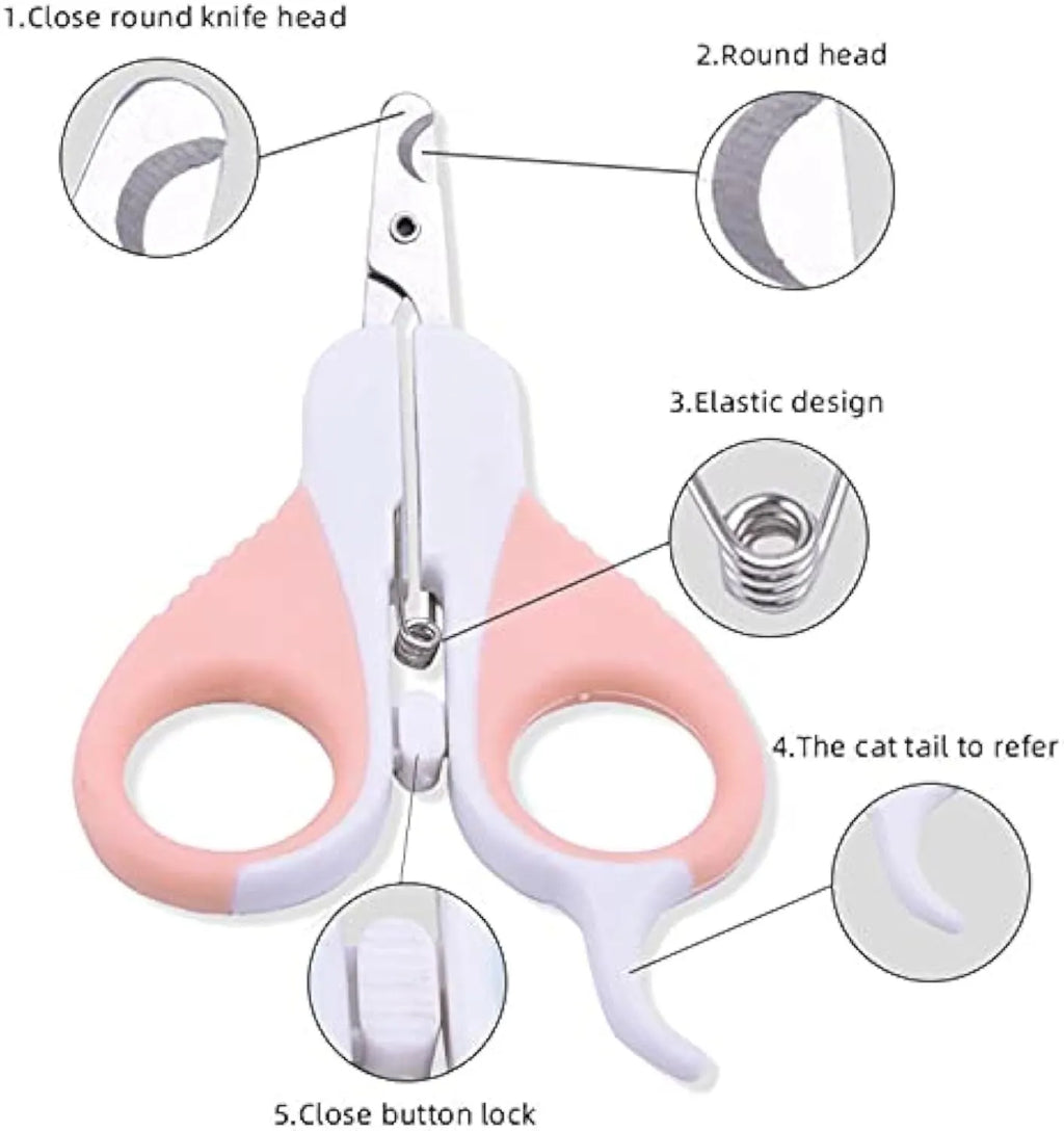 Grey and pink cat nail clippers with angled blade and safety guard for small pets.