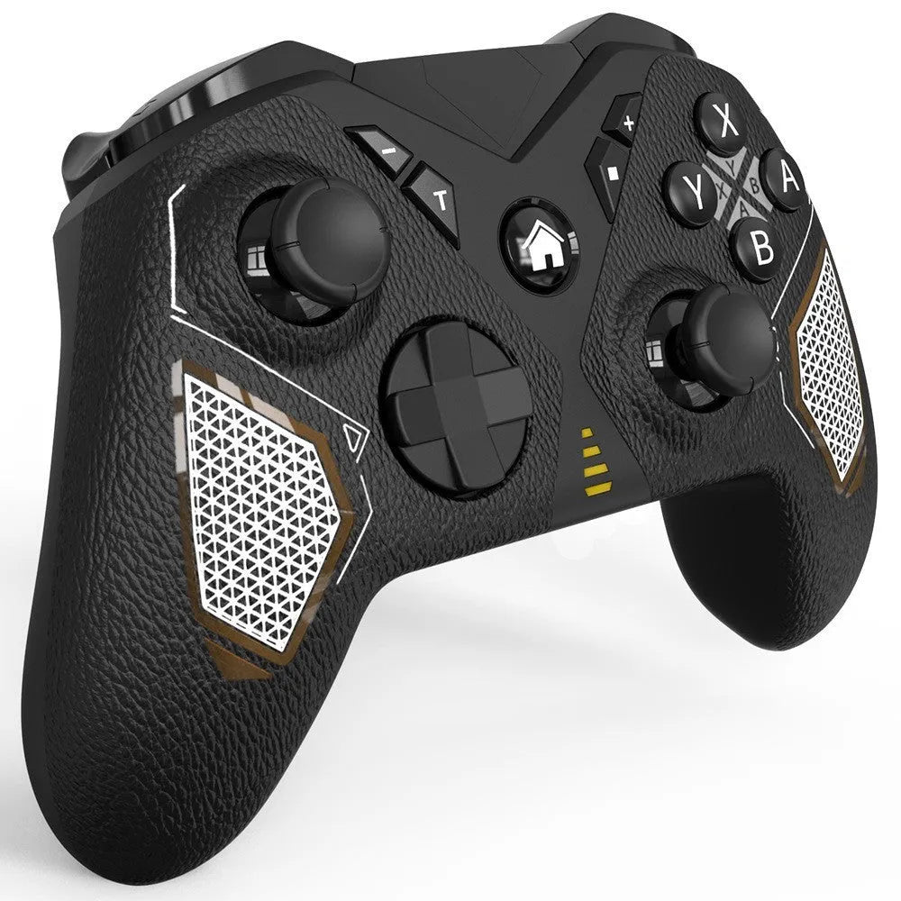 Black wireless game controller with leather-pattern grip for Nintendo Switch and PC.