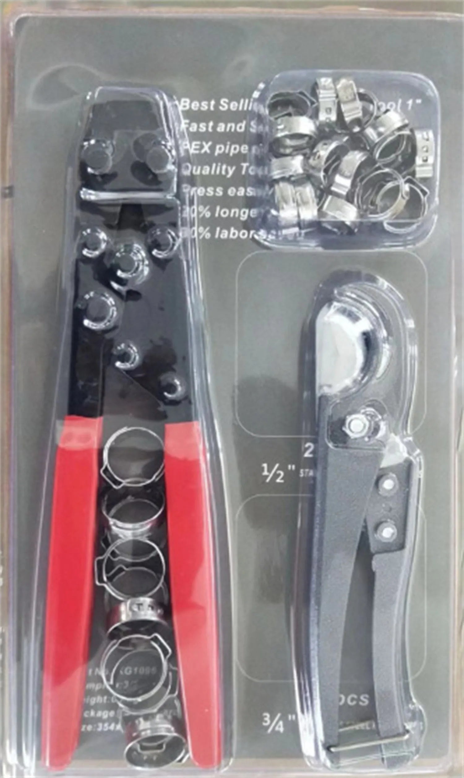 Red cloth PEX clamp set with carbon steel cutting edge for secure plumbing connections