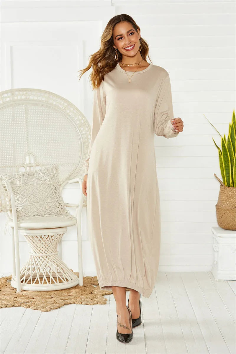 Black loose lantern dress with lace-up crew neckline and long sleeves