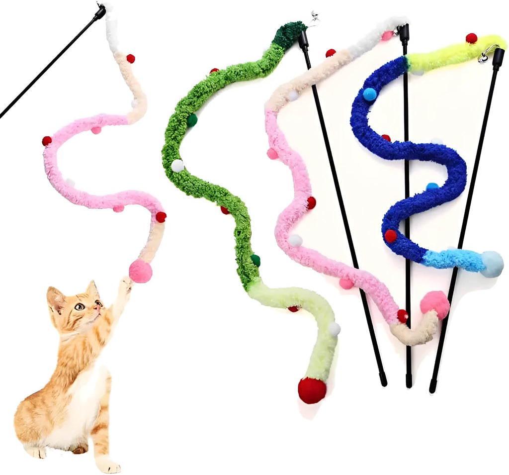Blue interactive cat wand toy with a long plush strip and fluffy ball with bells.