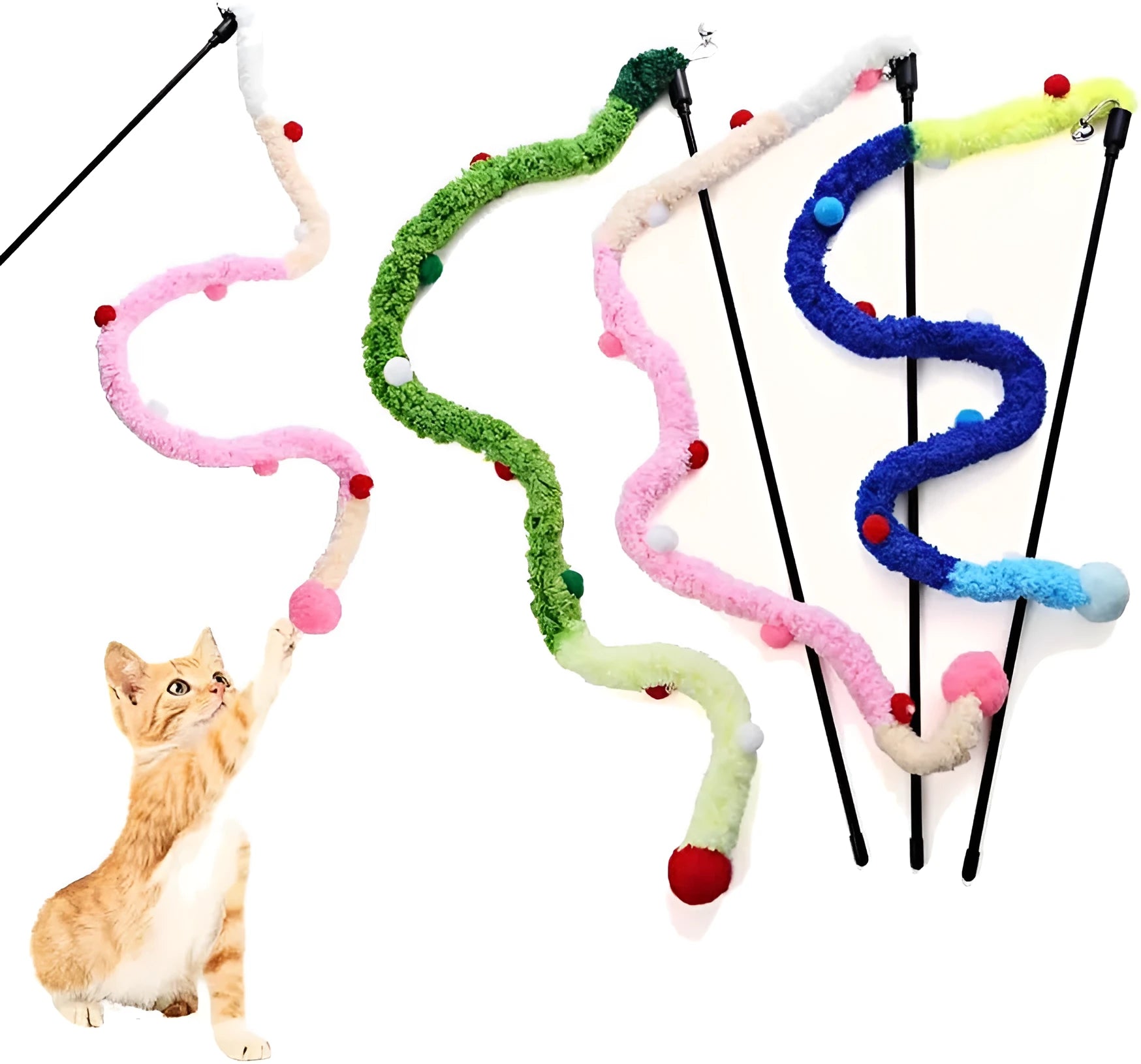 Blue interactive cat wand toy with a long plush strip and fluffy ball with bells.