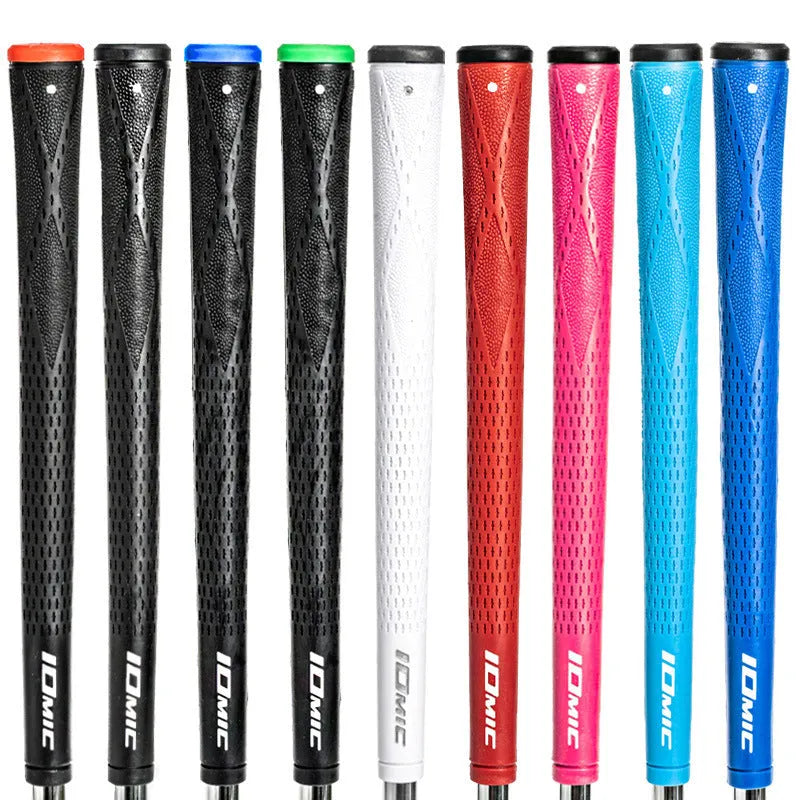 TPE golf club grip shown in multiple colour options including pink, red, blue, white, and black with red, green, or blue head.