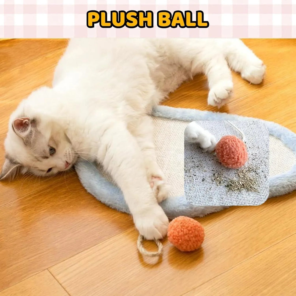 White cat scratching mat with cartoon sleeping cat design made from natural sisal