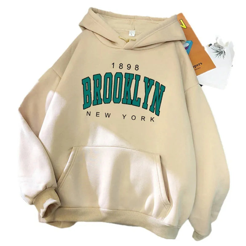 1898 Brooklyn New York printed women's hoodie in polyester, available in sizes XS to 3XL and ten colours.