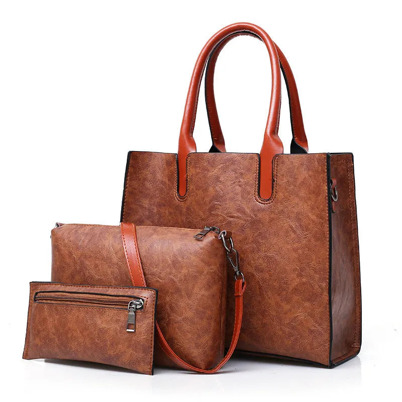 Three-piece women's retro fashion bag set in solid colour PU material with shoulder strap