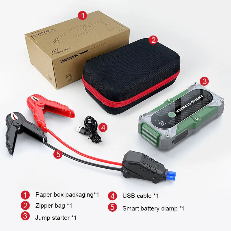 Portable emergency starting power supply with LED display, 8000mAh battery, clip jumper, storage bag and USB cable.