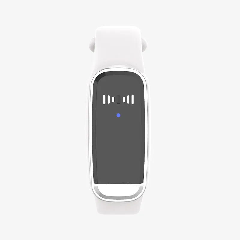 Black and white ultrasonic mosquito repellent bracelet with USB charging cable on a white background.