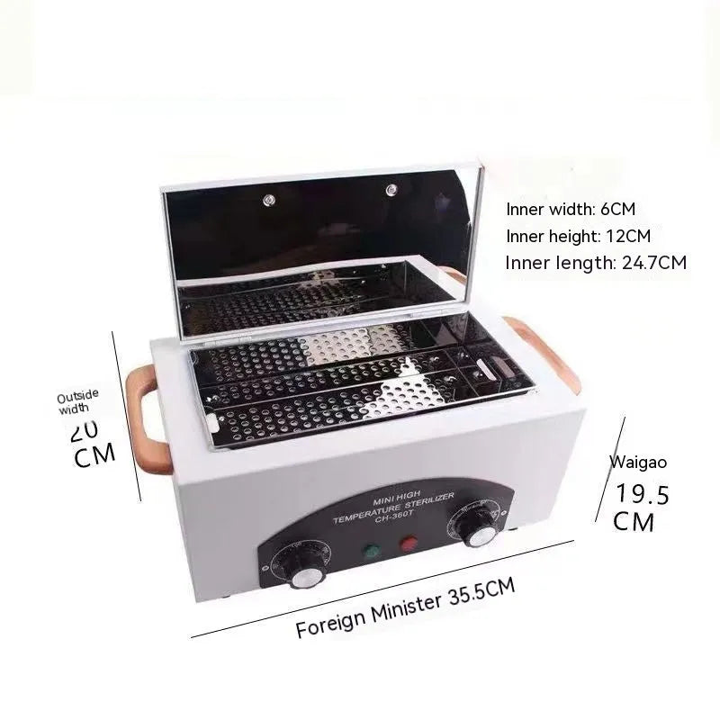 Grey household oral and dental disinfection cabinet with timing and high temperature, iron and stainless steel, 300W.