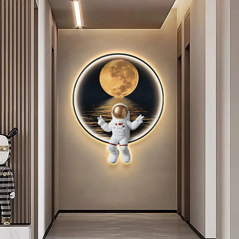Frameless canvas spaceman wall painting in children's room with bedside lamp feature