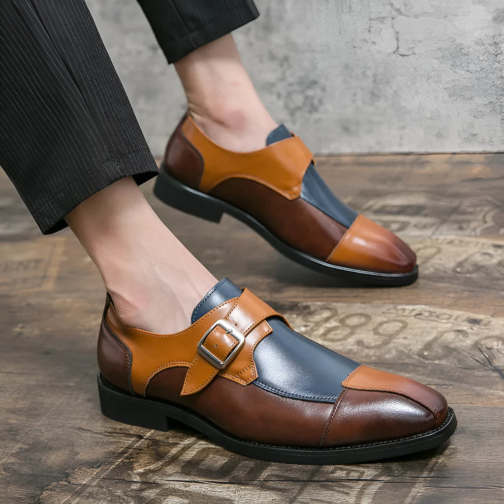 Men's British style retro buckle casual leather shoes in black and brown-blue colours