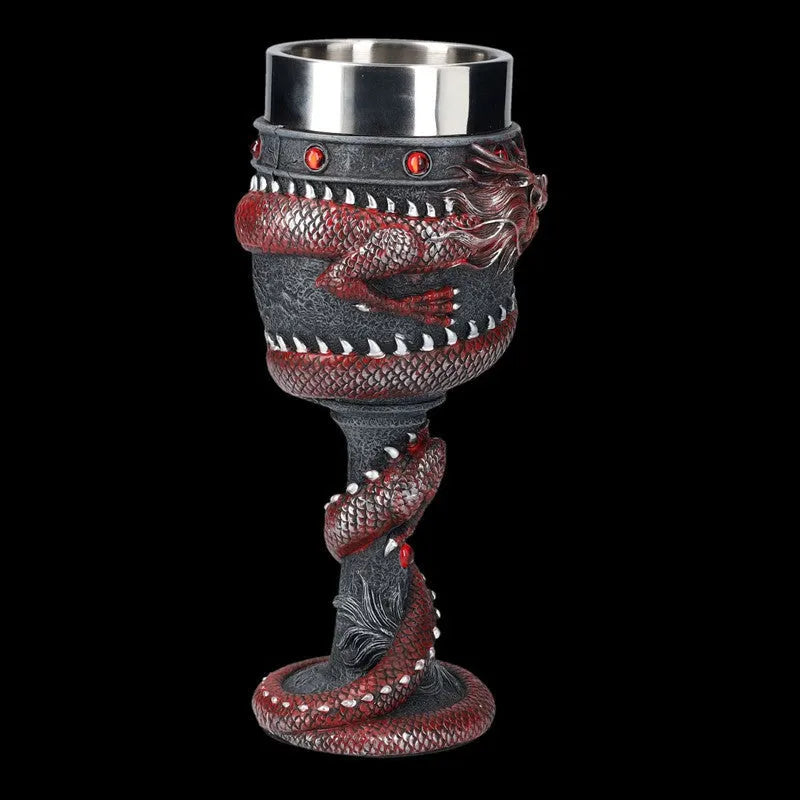 Stainless steel red wine glass with 3D Chinese dragon design in gold colour option