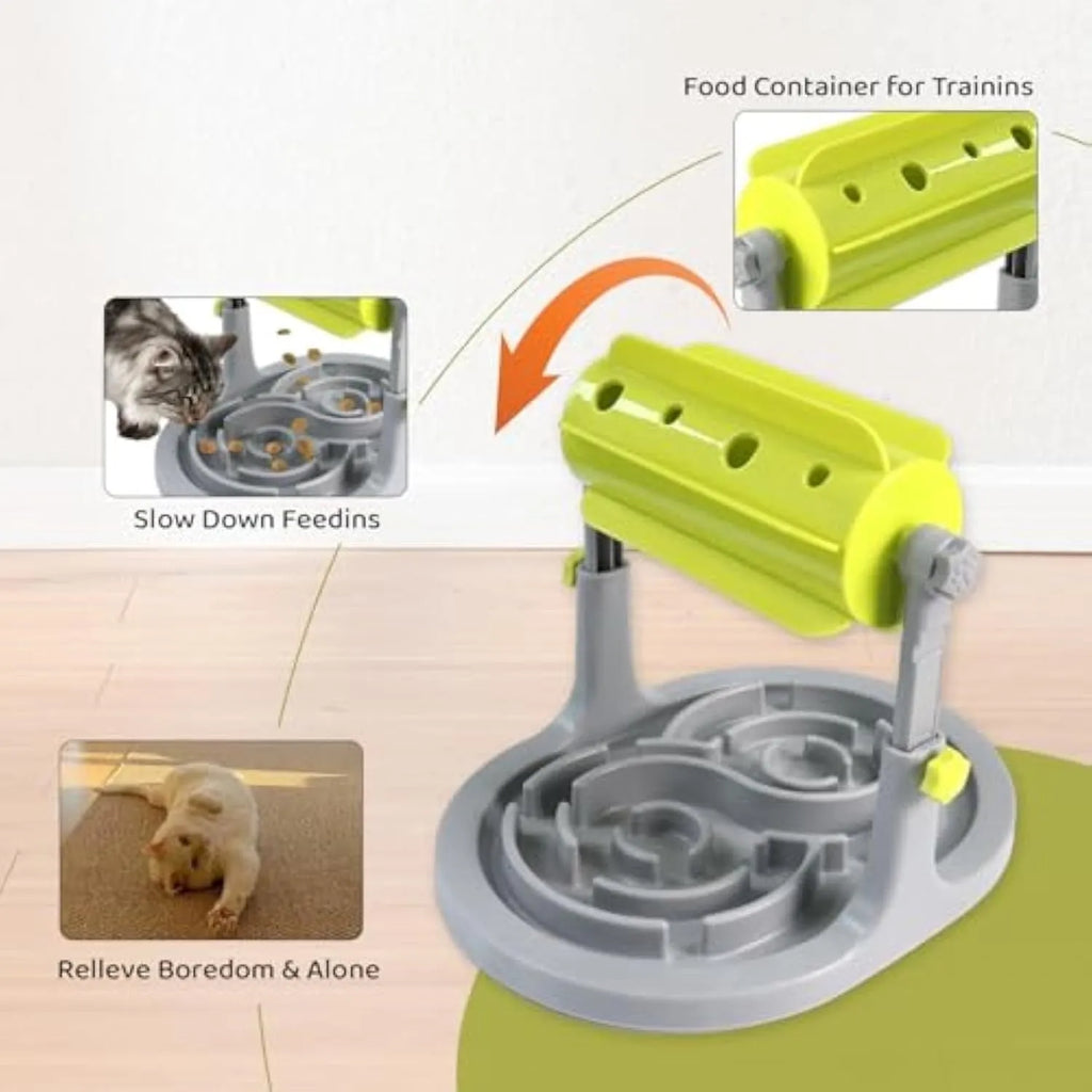 Blue interactive pet puzzle feeder bowl with adjustable height for dogs and cats