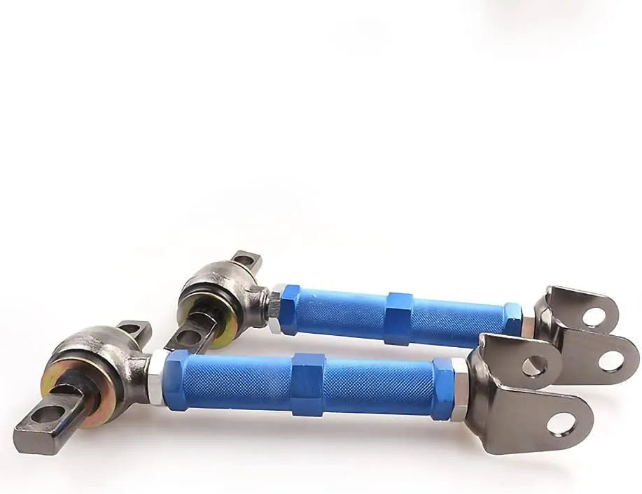 Blue and red aluminium alloy ES bone recliner components for Honda Civic EP3 rear suspension.