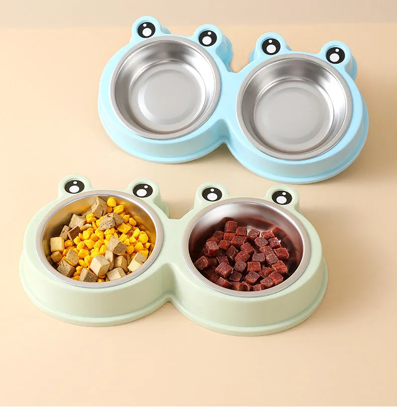 Stainless steel pet double bowl with frog design featuring separate food and water compartments