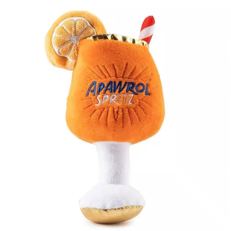 Yellow wine glass shaped plush beer bottle dog toy with squeaker and teeth-cleaning mechanism