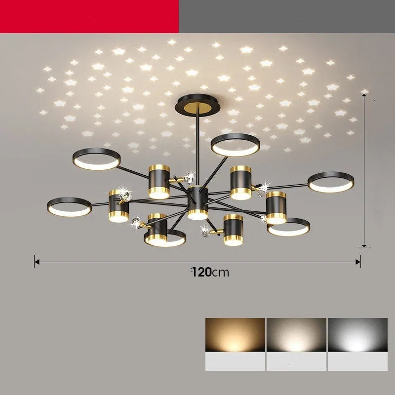 Black iron chandelier with 13 LED heads and 1000mm diameter hanging in a living room