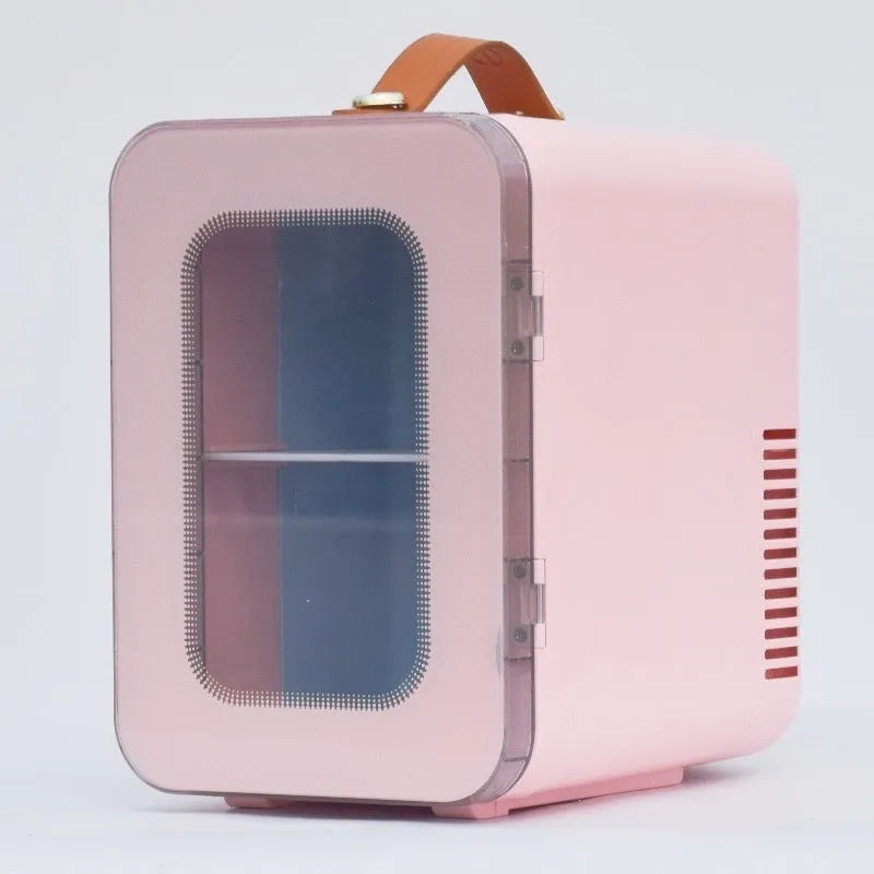 Pink mini refrigerator with transparent door showing 6L capacity for car and home cooling and heating