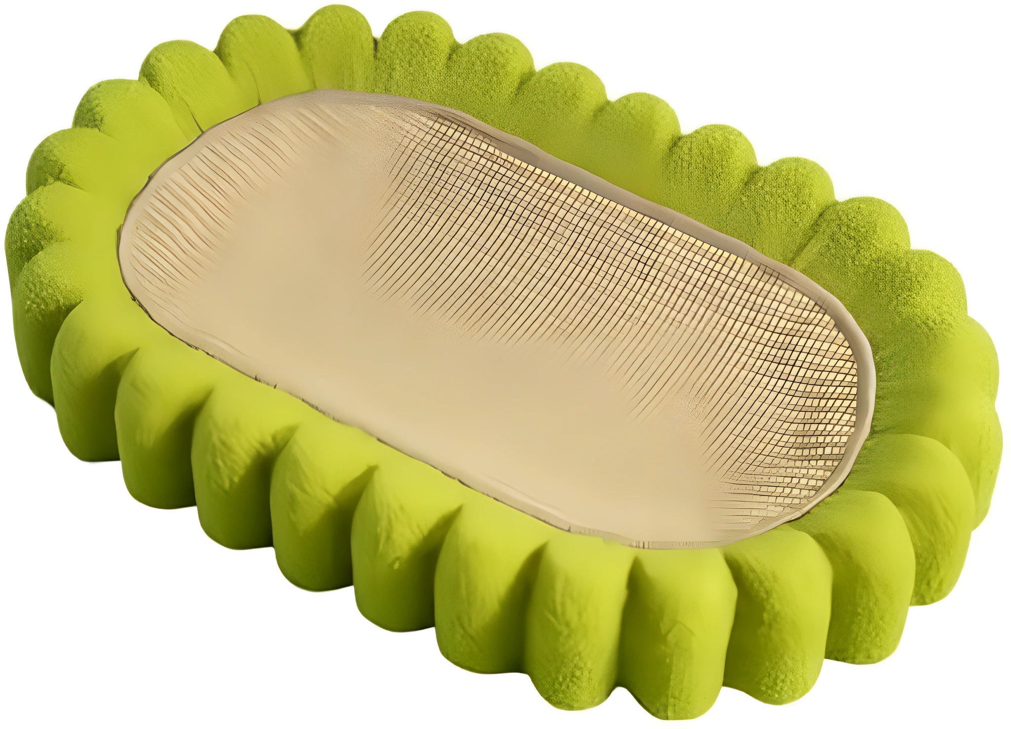 Green oval sisal cat scratcher pad bed measuring 650mm by 420mm