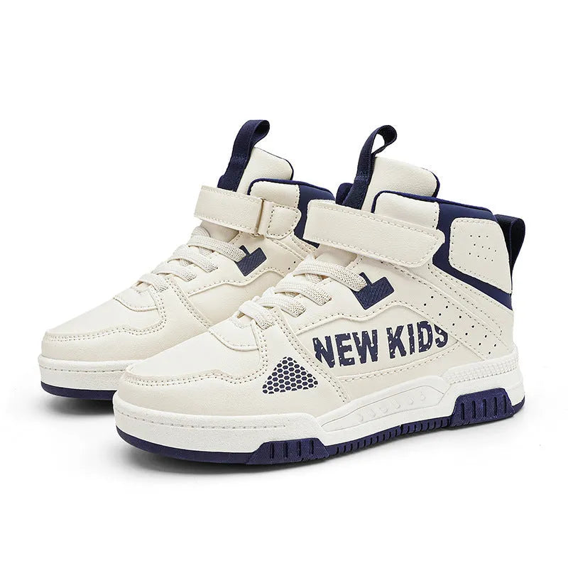 Children's street sneakers in beige green with a buckle fastener and rubber sole.