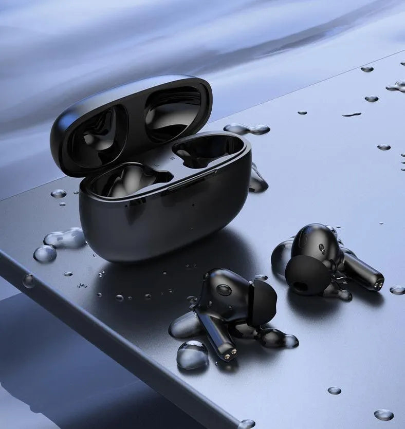 Black and white wireless in-ear stereo headset with Bluetooth 5.0, 15m range, call function, and voice control