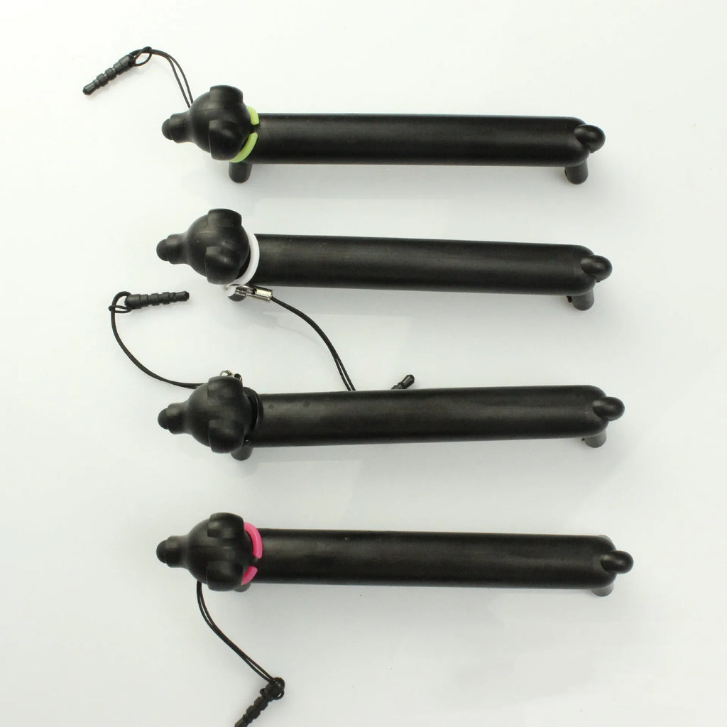 Black puppy-shaped touch screen stylus pen shown in dual-length positions with phone holder function