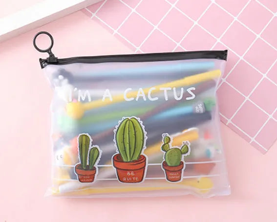 20 black cartoon cactus design pens with 0.5mm tips and a matching plastic pen case.