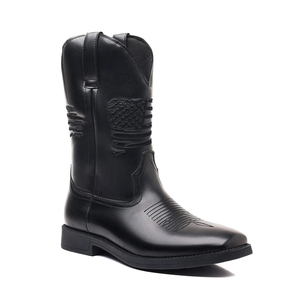 Brown retro cowboy boot for men with embroidery on the artificial leather upper and a square toe.