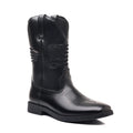 Brown retro cowboy boot for men with embroidery on the artificial leather upper and a square toe.