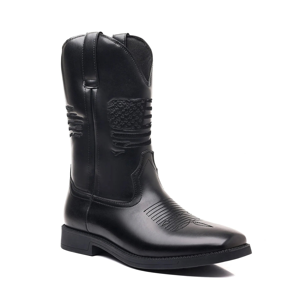Brown retro cowboy boot for men with embroidery on the artificial leather upper and a square toe.