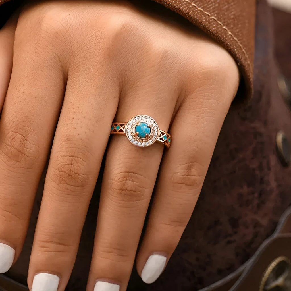 Women's geometric turquoise copper ring with rose gold plating and a micro inlaid zircon detail.