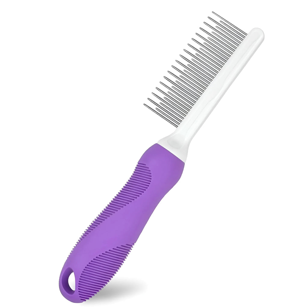 Purple pet detangling comb with stainless steel teeth for dogs and cats on white background