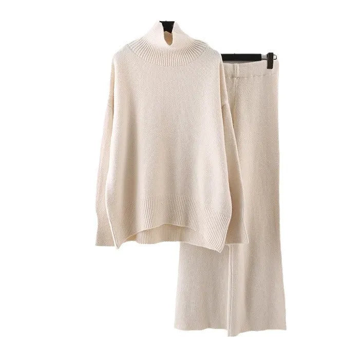 Women's casual two-piece set with acrylic fibre sweater and matching wide-leg trousers in solid colour