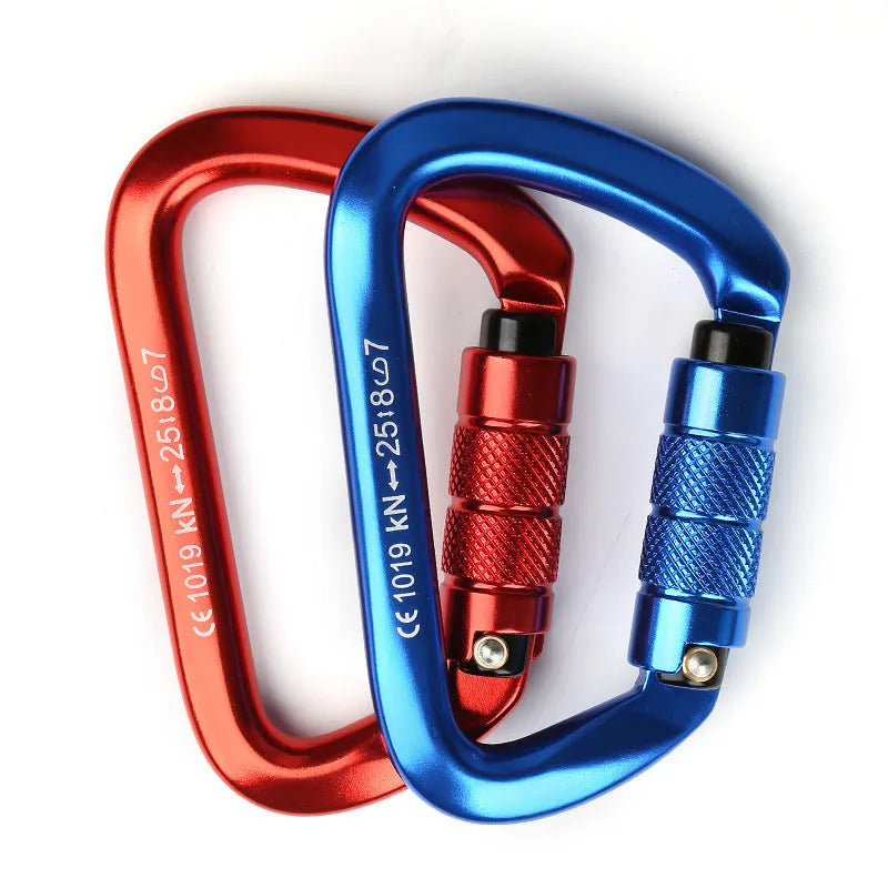 D-shaped steel climbing carabiner with automatic or screwgate lock in multiple colour options