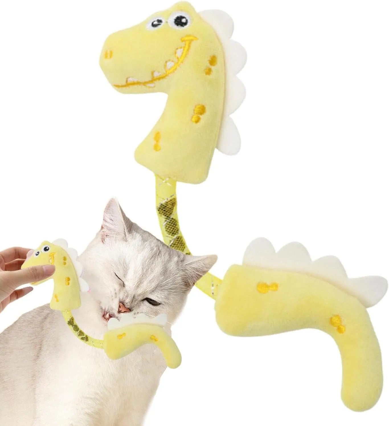 Set of four plush cat toys in pink, purple and yellow colours measuring 23cm long