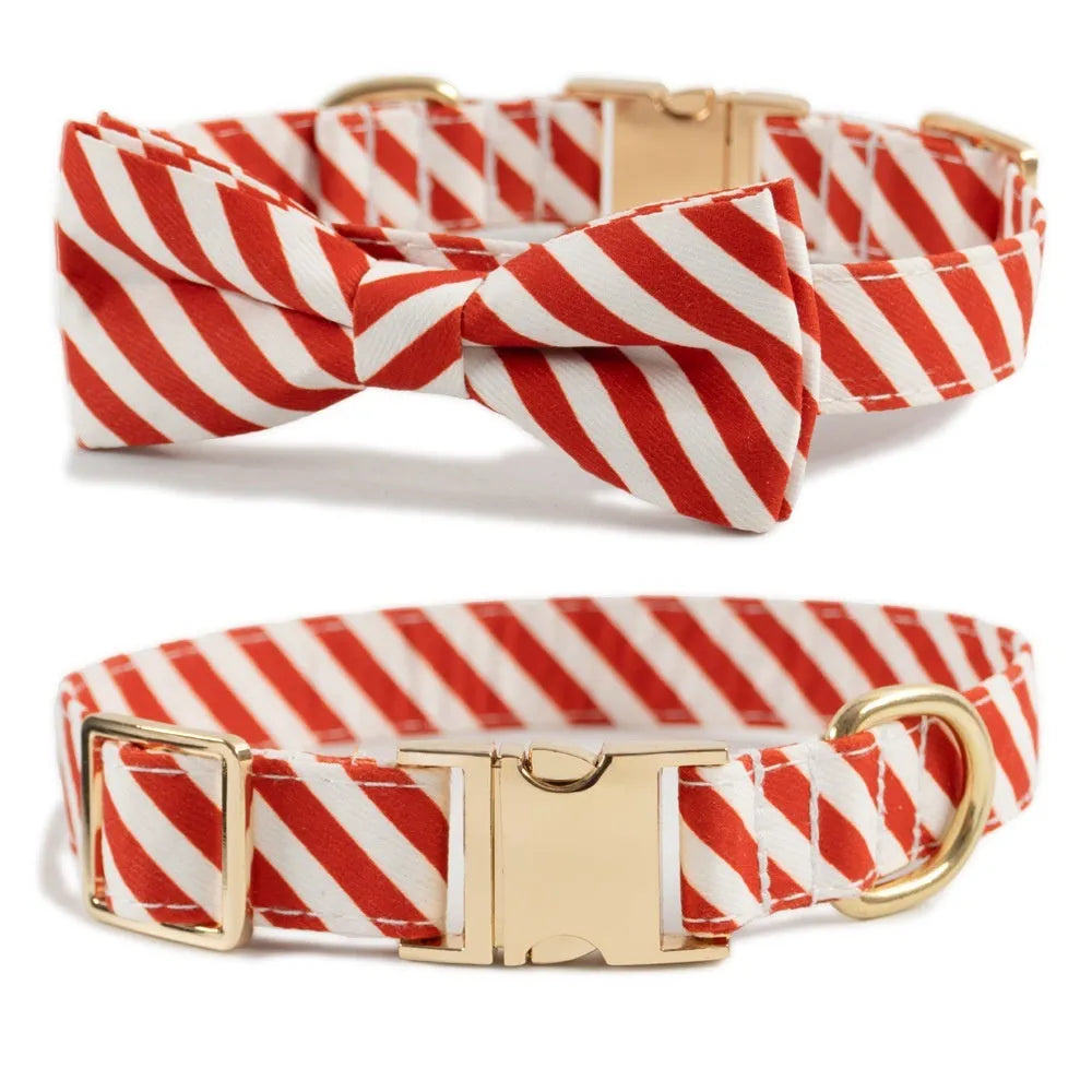 Striped polyester dog collar in Candy Green with matching bow knot, anti-lost buckle, adjustable XS size