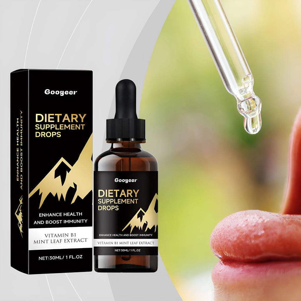 Bottle of dietary supplement drops with a measured dropper for dosage control.