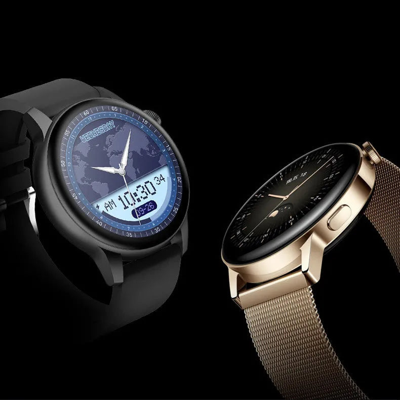 Square stainless steel smart watch with 1.30-inch colour screen shown in black, pink and silver colours.